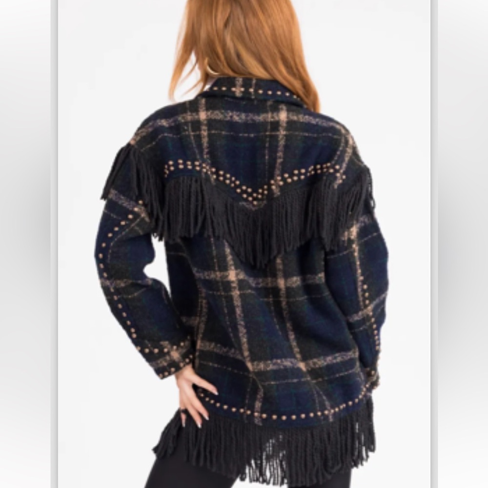 💕💚 Dark Spruce Plaid Jacket with Fringe & Studs💚💕 - Picture 3 of 4